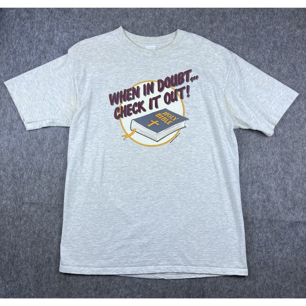 Vtg T-Plus Men's T-Shirt Bible Jesus Tee Gray Short Sleeve Made in USA 80s Sz XL